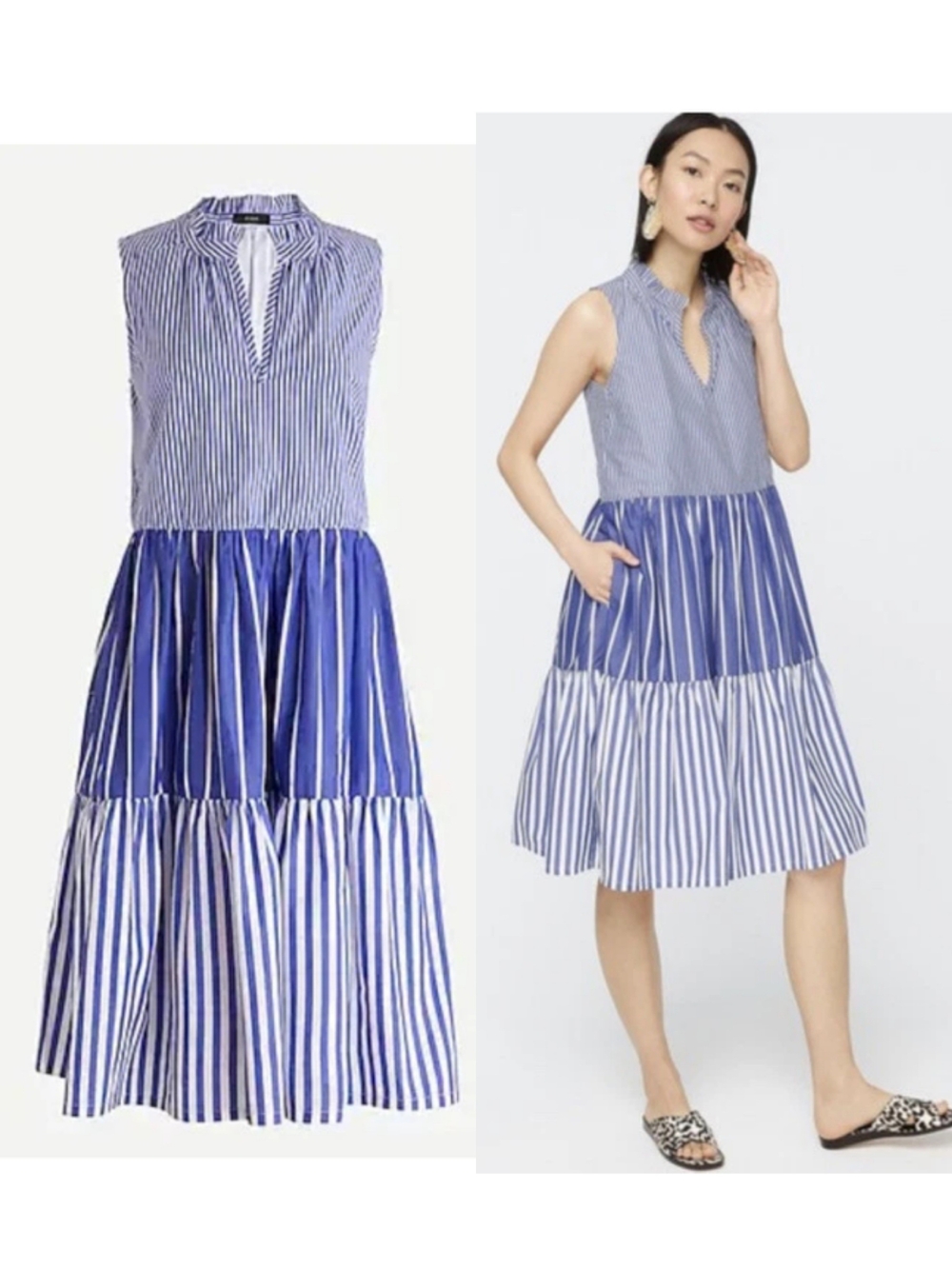 J.CREW Dress Womens L Blue White Striped Tiered Pockets Midi A-Line Coastal Boho